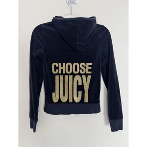 Juicy Couture Hoodie Velour Jacket Y2K Full Zip Navy Gold Glitter S